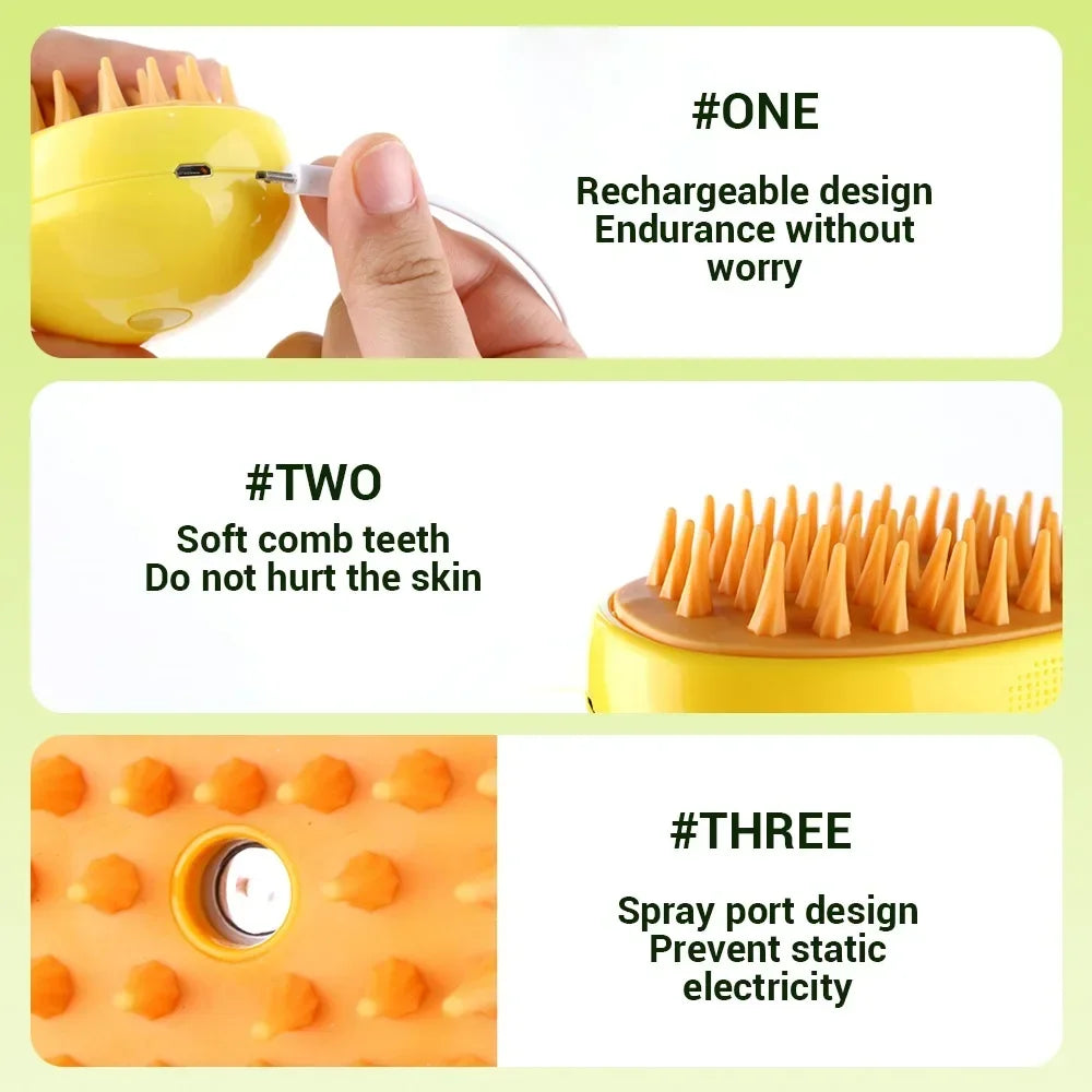 pet steam grooming brush rechargeable pet brush with soft comb teeth and spray port design for massage and shedding