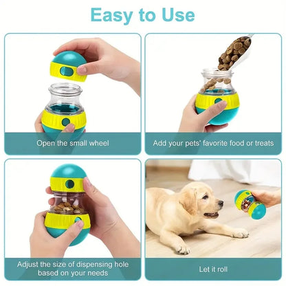 Easy to use interactive dog treat dispenser toy for dogs, fills with treats, adjusts dispensing hole, and rolls for fun feeding