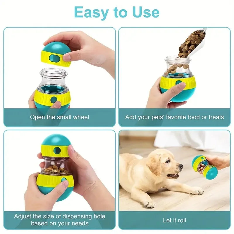 interactive dog treat dispenser toy easy to use plastic slow feeder for dogs to add treats, adjust hole, and roll