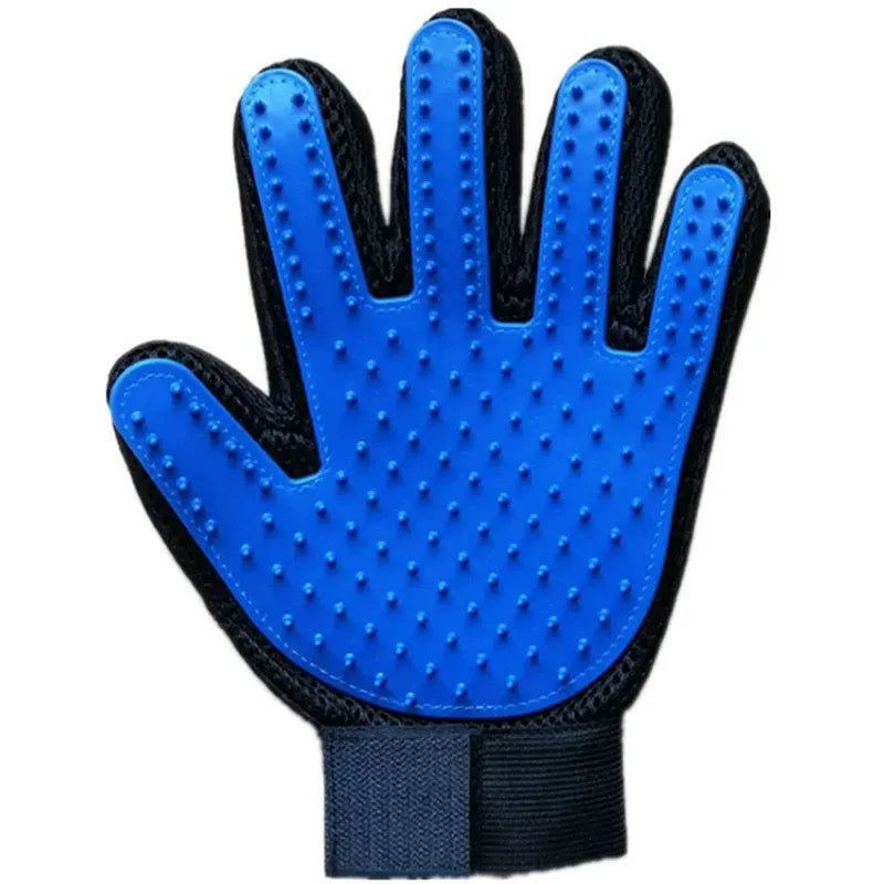 Blue pet hair remover glove for dog and cat grooming, deshedding, massage, and cleaning loose fur