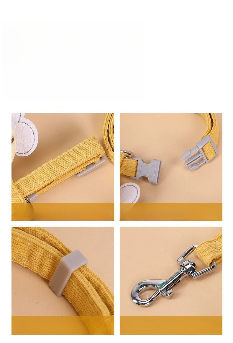 adjustable cat harness and leash set with yellow breathable strap, quick release buckle, and sturdy metal clip for small pets