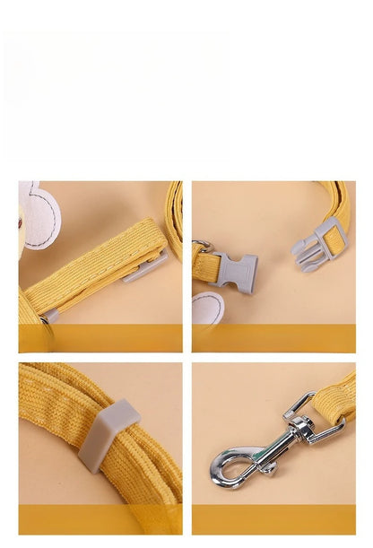 adjustable cat harness and leash set with yellow breathable strap, quick release buckle, and sturdy metal clip for small pets