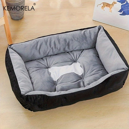 Orthopedic plush dog bed with soft gray cushioning and black sides for small to large dogs, all-season comfort