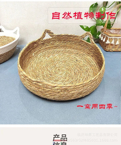 rattan cat basket bed, round woven pet bed with soft cushion for cozy sleeping comfort for cats and small dogs