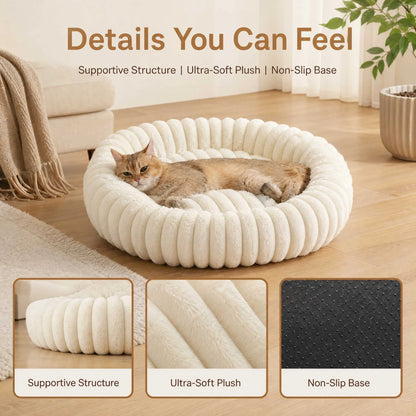 plush donut cat bed with ultra-soft plush, supportive structure, non-slip base, and cozy deep sleep comfort for cats