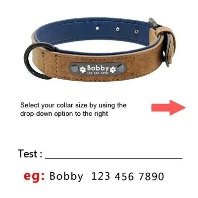 Personalized leather dog collar with custom engraved name tag for small, medium, and large dogs