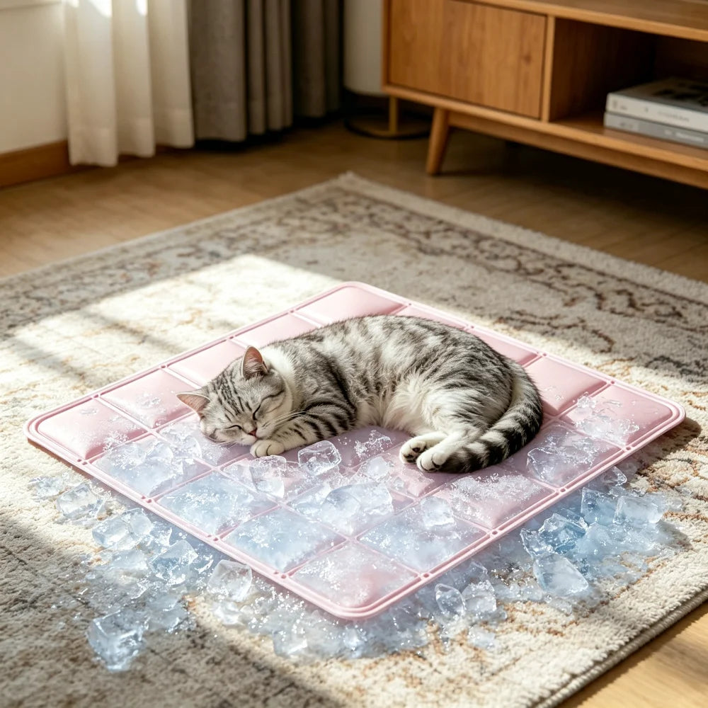 Cooling gel pet mat for summer, pink grid cooling pad for cats, indoor or outdoor heat relief sleeping mat