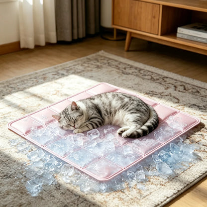 Cooling gel pet mat for summer, pink grid cooling pad for cats, indoor or outdoor heat relief sleeping mat