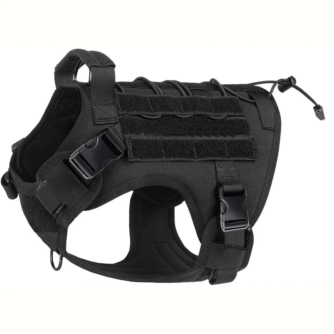 black tactical dog harness with handle, adjustable no-pull service dog vest with hook & loop panels, polyester