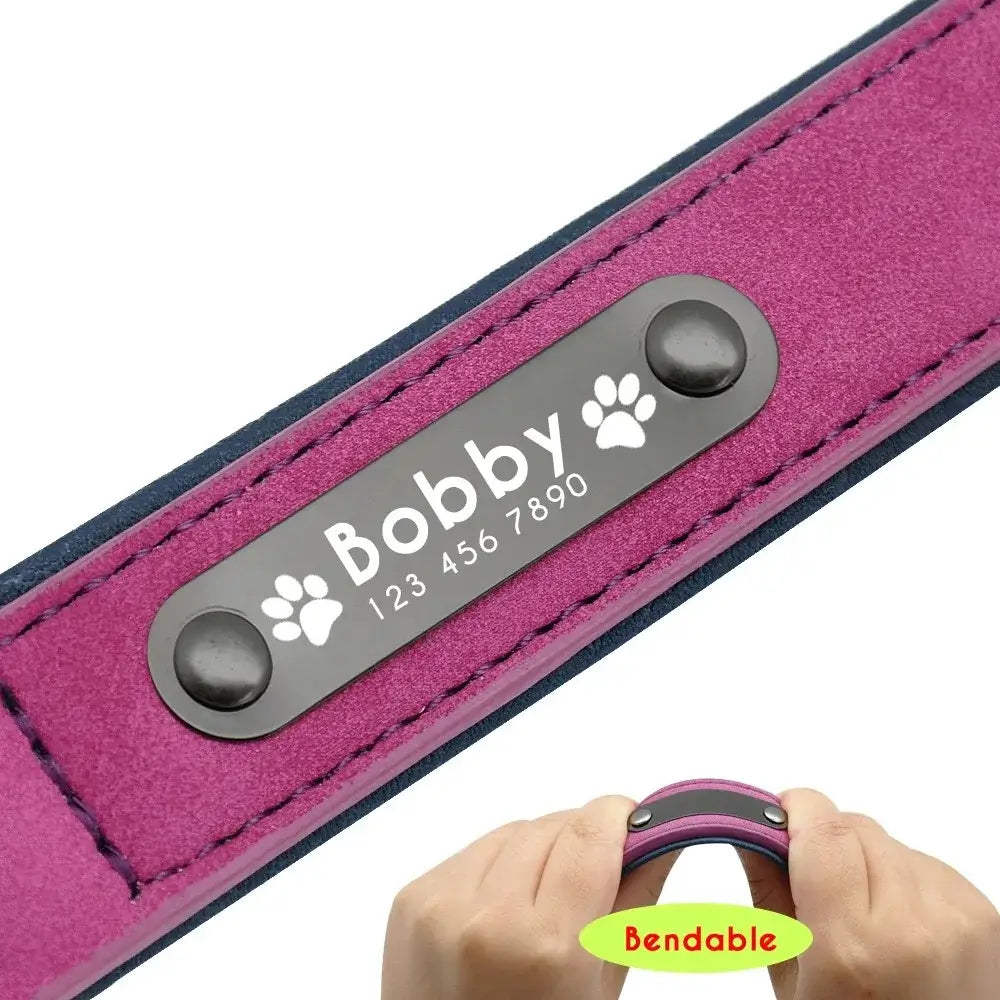Personalized leather dog collar with custom name ID tag for small, medium, and large dogs