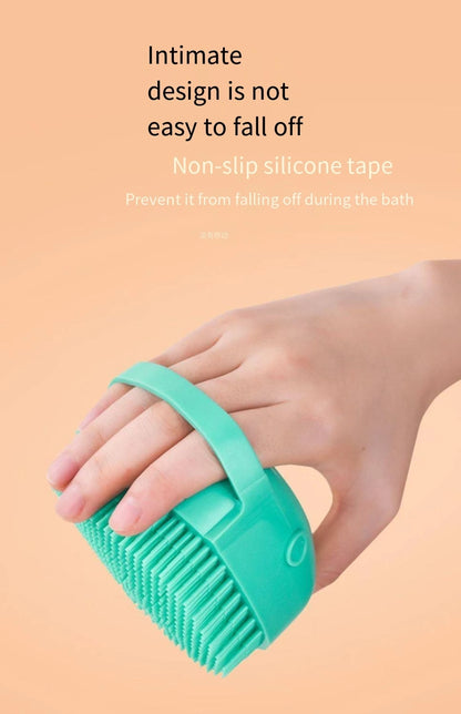 silicone pet bathing brush with non-slip silicone tape for secure grip and easy pet shampoo massage bathing