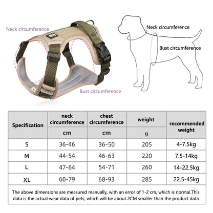 Adjustable reflective dog harness with size chart for medium to large dogs, vest-style nylon harness