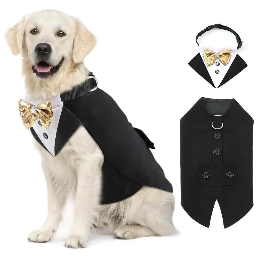pet tuxedo outfit for dogs with matching collar, formal black and white party costume with gold bow tie