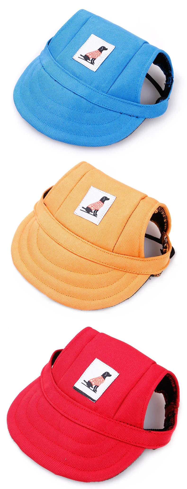 Colorful dog hats in blue, orange, and red with dog patch, pet accessories on white background