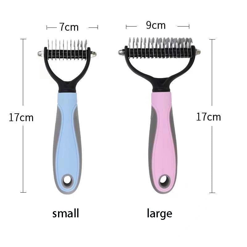 double sided pet deshedding brush with small and large grooming comb heads, 17cm pet hair removal tool