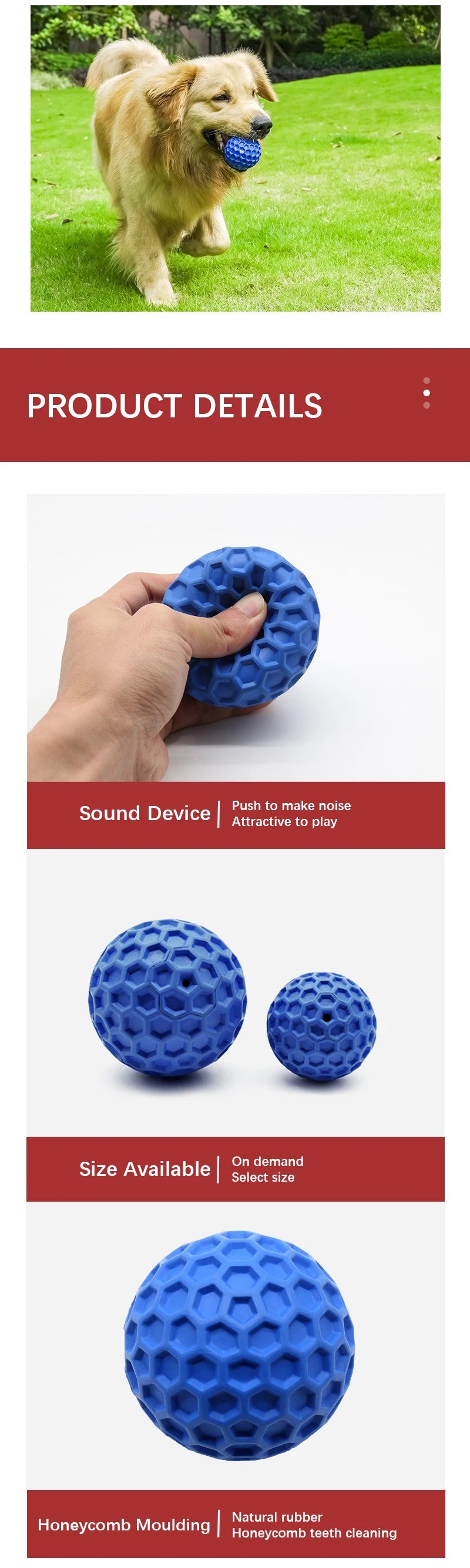 Golden retriever playing with blue honeycomb rubber dog ball toy in grassy yard, close-up of two sizes and hand squeezing flexible ball.
