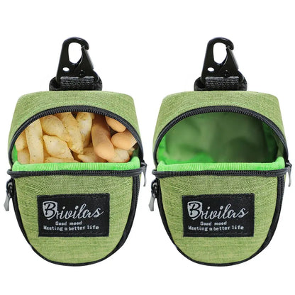 Green dog treat pouch with zipper, clip and storage, one pouch filled with dog treats