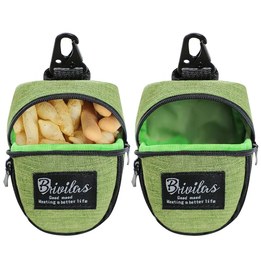 Pet Dog treat pouch Portable Multifunction Dog training bag Outdoor Travel Dog Poop Bag Dispenser Durable Pet accessories in green.