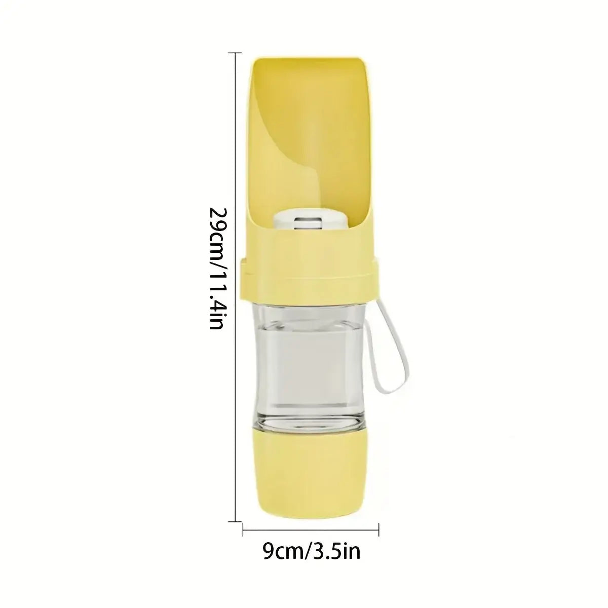 Yellow portable dog water bottle with ergonomic travel dispenser, 29cm tall and 9cm wide, for outdoor walks and hiking
