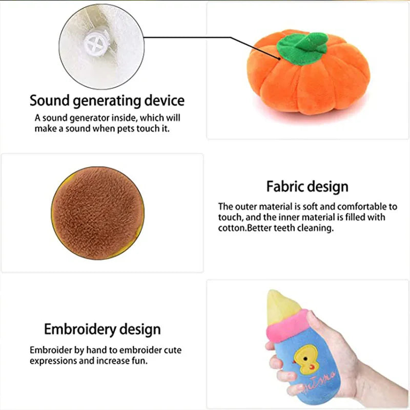 plush squeaky dog chew toy pumpkin-shaped dog toy with sound generator, soft fleece fabric, embroidered design