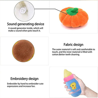 plush squeaky dog chew toy pumpkin-shaped dog toy with sound generator, soft fleece fabric, embroidered design