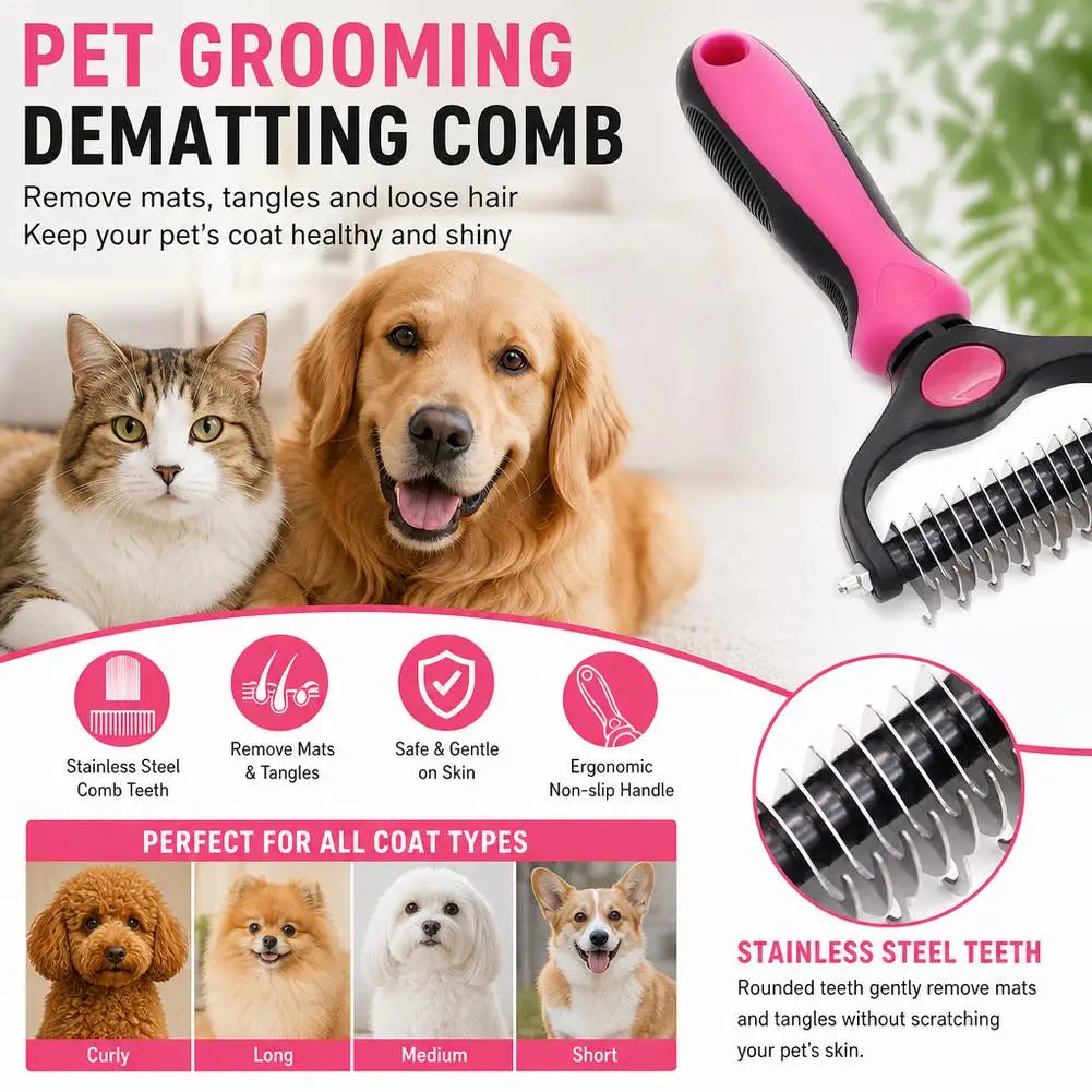 dog deshedding brush pet grooming dematting comb for cats and dogs, gentle stainless steel teeth