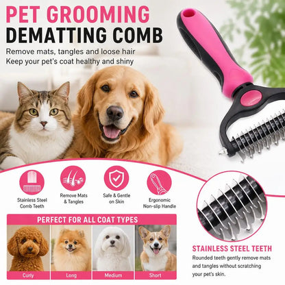 dog deshedding brush pet grooming dematting comb for cats and dogs, gentle stainless steel teeth