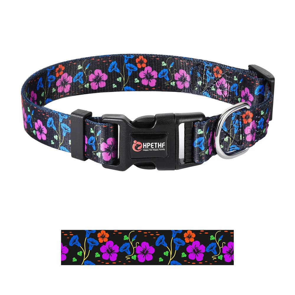 adjustable nylon dog collar with floral print, metal D ring, durable padded collar for medium and large dogs