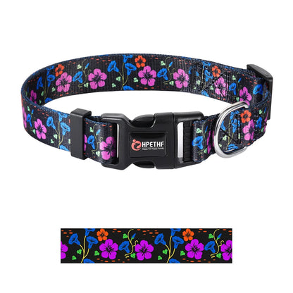 adjustable nylon dog collar with floral print, metal D ring, durable padded collar for medium and large dogs