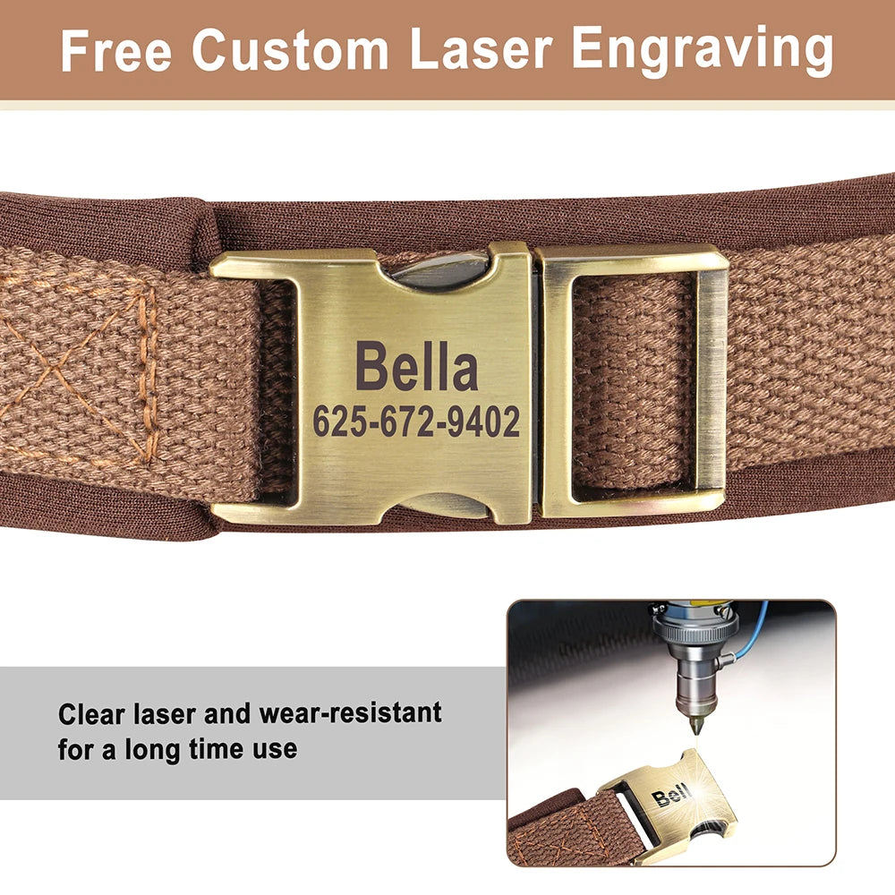 personalized nylon dog collar with free engraving, adjustable brown pet ID collar for dogs, anti-lost and durable