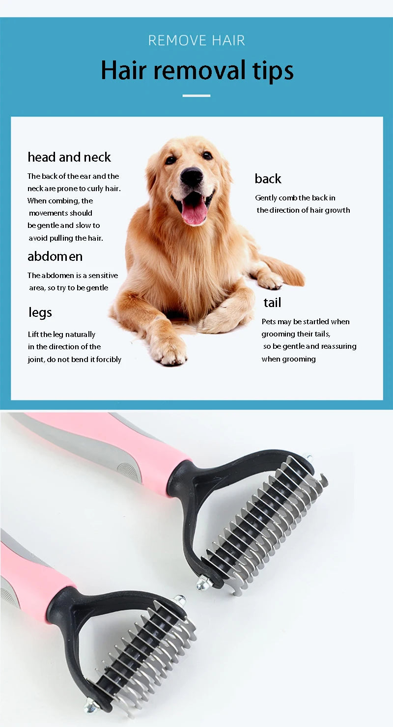 double sided pet deshedding brush for dogs, hair removal tips, stainless steel grooming comb for undercoat shedding