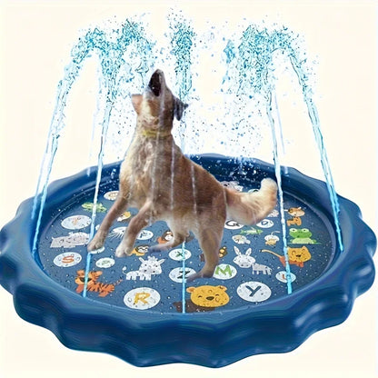 Dog playing in a blue splash pad with water jets and animal illustrations