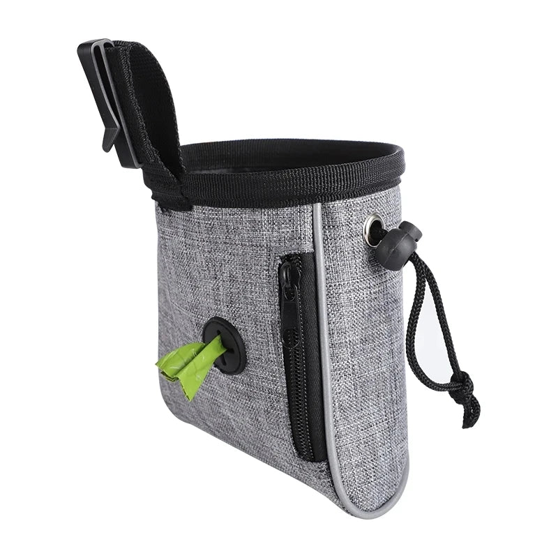 Gray dog treat training pouch with zipper pocket and poop bag dispenser