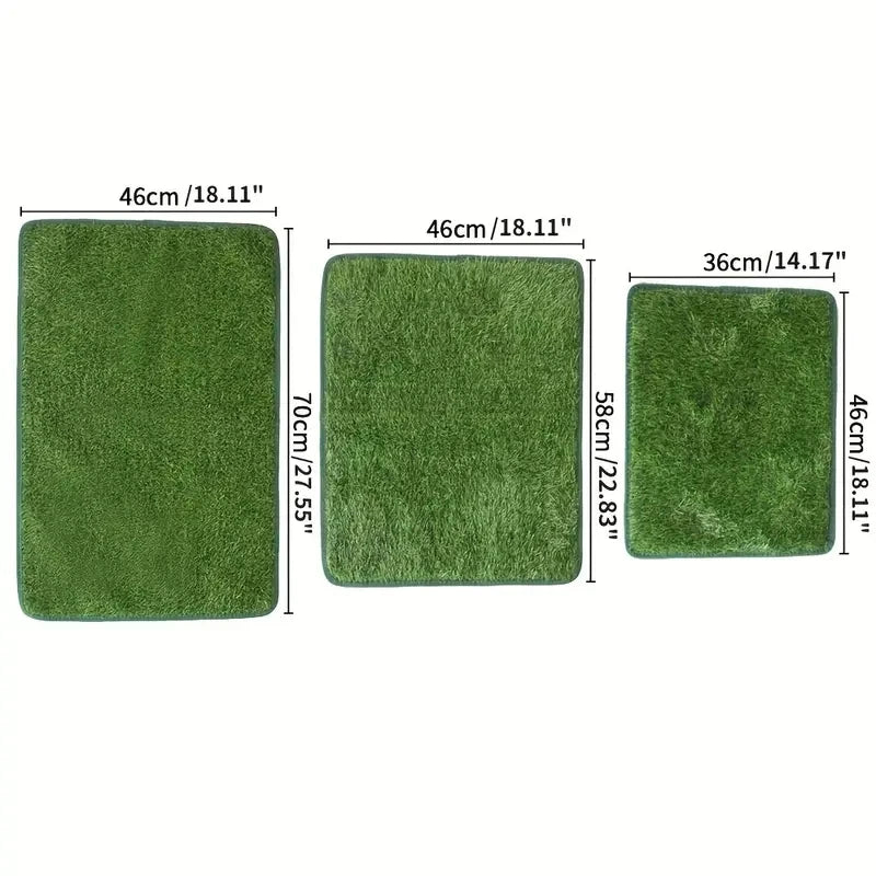 Three rectangular artificial grass dog potty pads in different sizes with measurements labeled.