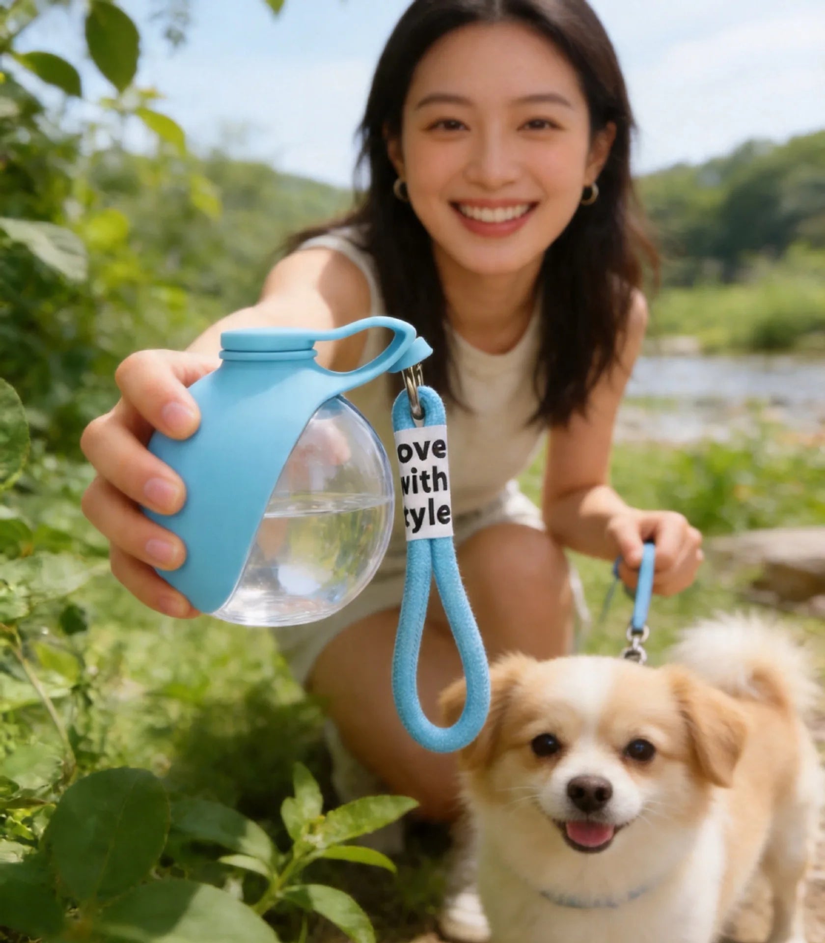 portable dog water bottle for outdoor walks, shown with woman and small dog in nature