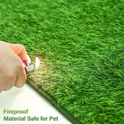 Hand holding lighter to fireproof artificial grass mat, safe pet turf for dogs.