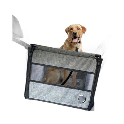Portable Car Pet Seat Stable Dog Carrier with Safety Mesh Protector Waterproof Design for Puppy Travel Outdoor Use with a happy dog inside.