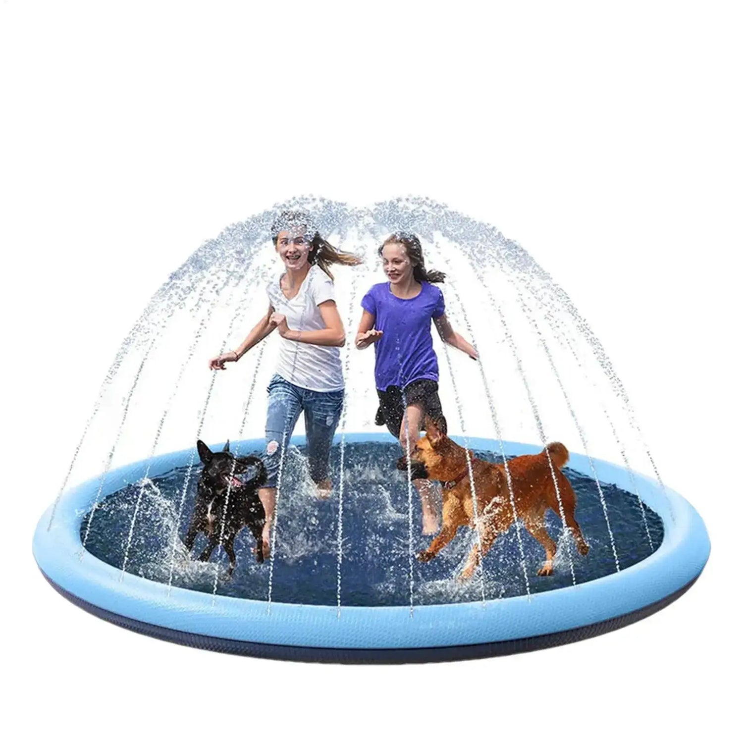 Large inflatable dog pool with kids and dogs playing in water fountain spray for summer fun.