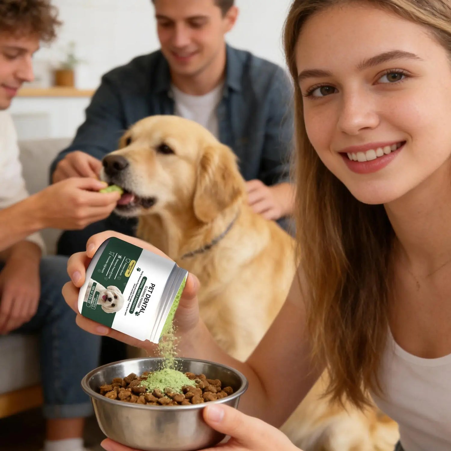 dog teeth cleaning powder added to dog food for fresher breath, cleaner teeth, and daily oral care