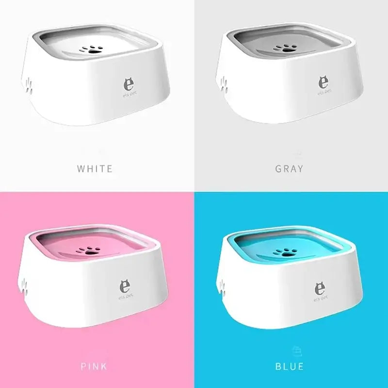 no-spill dog water bowl splash-proof slow feeder for dogs, available in white, gray, pink, and blue