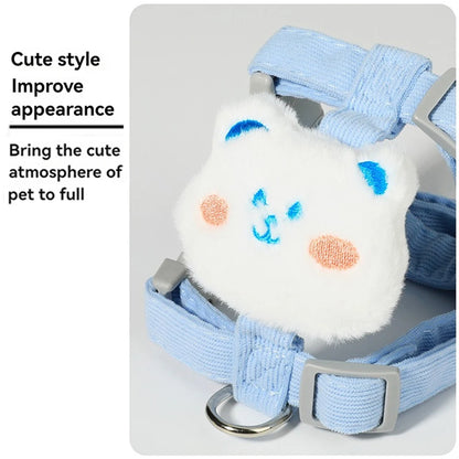 Cute adjustable small dog harness leash set with breathable blue straps and plush cat-style design for puppies and small pets