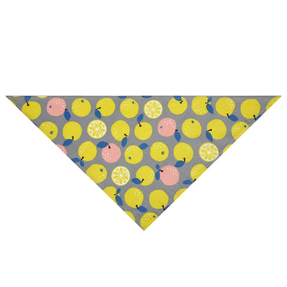 Dog bandana with yellow lemon and pink fruit print on gray background, triangle shape