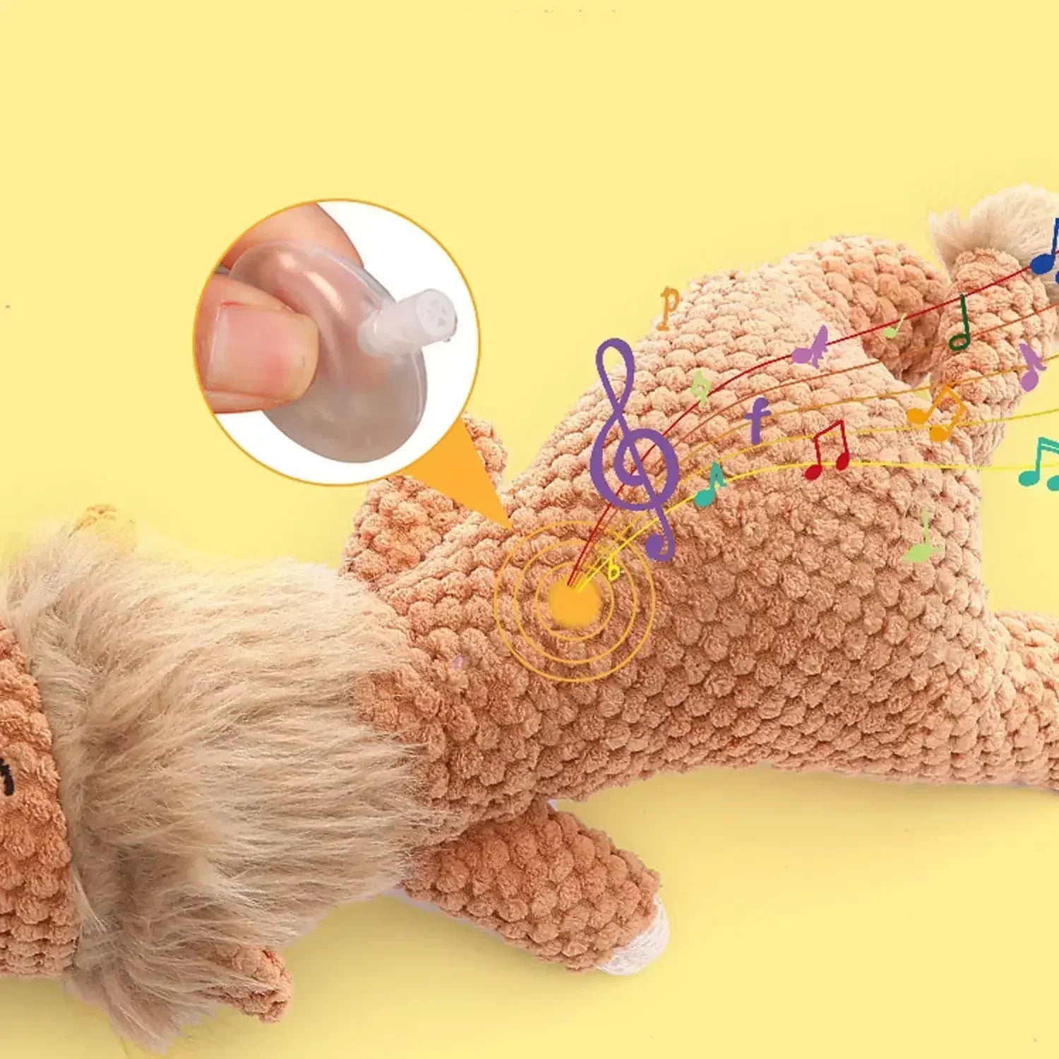 Plush lion dog toy with squeaker and sound feature on a yellow background