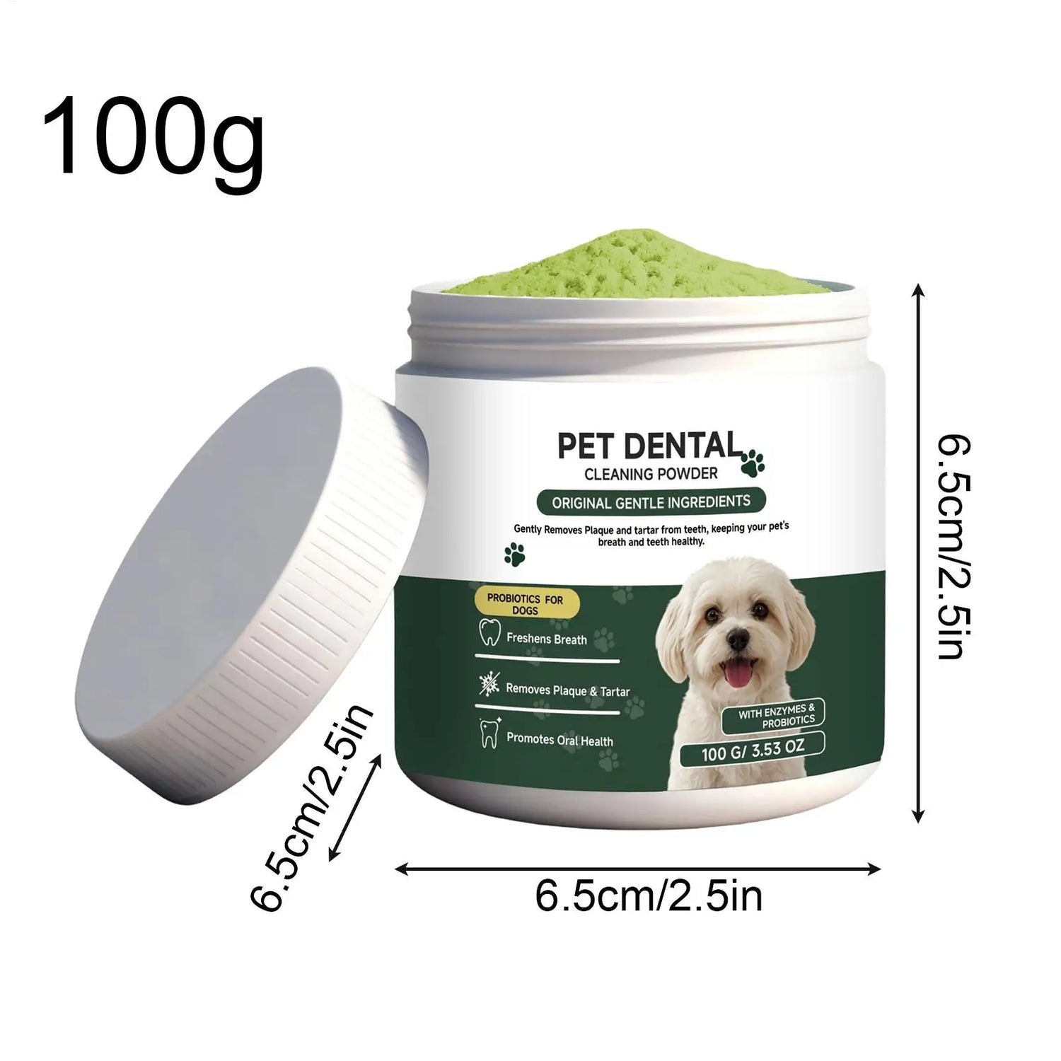 dog teeth cleaning powder pet dental care jar with lid, 100g probiotic breath freshener for removing plaque and tartar