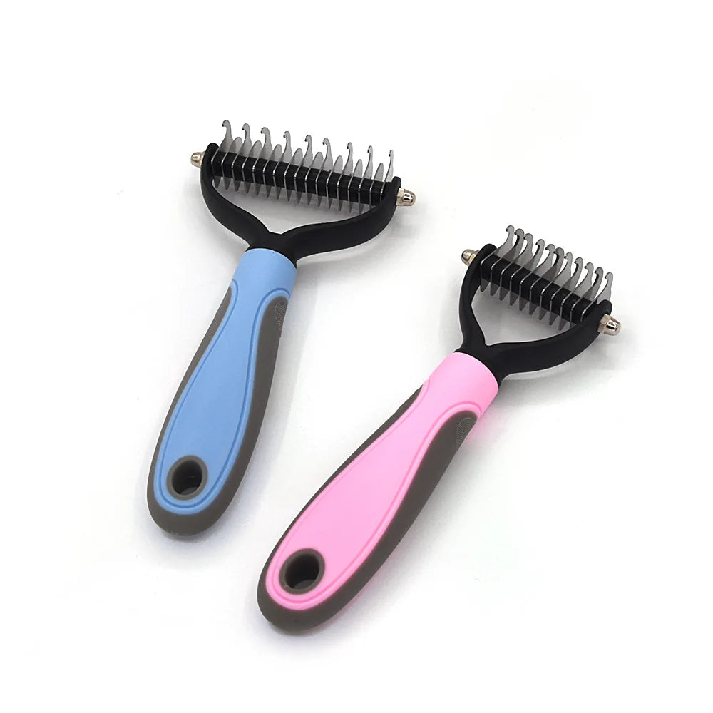 dog deshedding brush stainless steel grooming comb for removing pet fur and knots, blue and pink handles