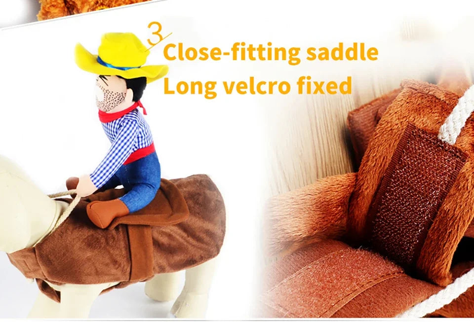 Dog costume saddle with plush cowboy doll and long velcro strap for secure fit