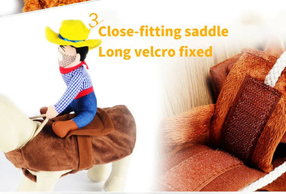 Dog costume saddle with plush cowboy doll and long velcro strap for secure fit