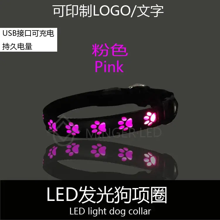 Pink luminous safety dog collar with LED paw prints, USB rechargeable, reflective pet collar for walking and night safety