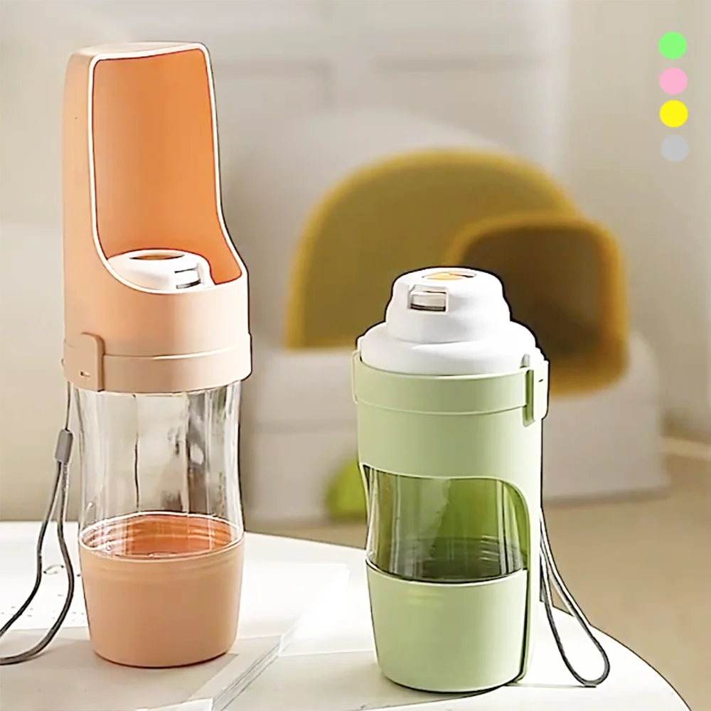 portable pet water bottle with food container for dogs and cats, 2-in-1 foldable travel bowl with drinking and feeding sections