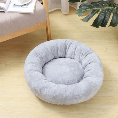 Soft gray donut dog bed for small pets, washable round plush cushion bed for puppies and kittens